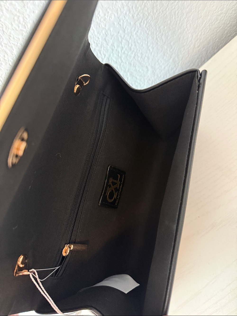 Christian Lacroix Black Fold-Over Clutch with Embossed Medallion and gold chain - Picture 4 of 4